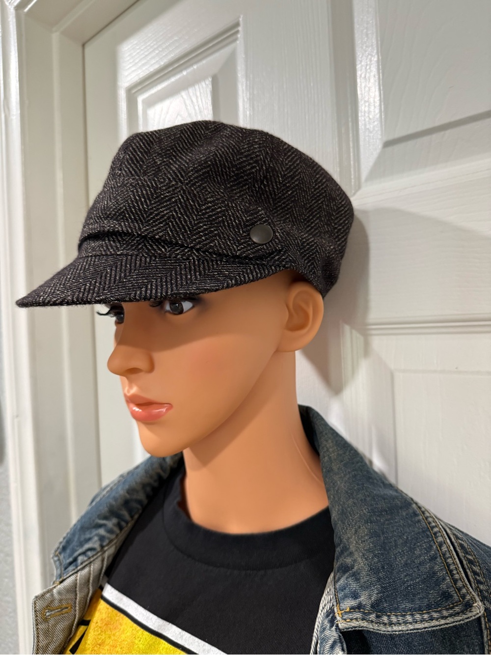 Womens Charcoal Herringbone Paper Boy Cap